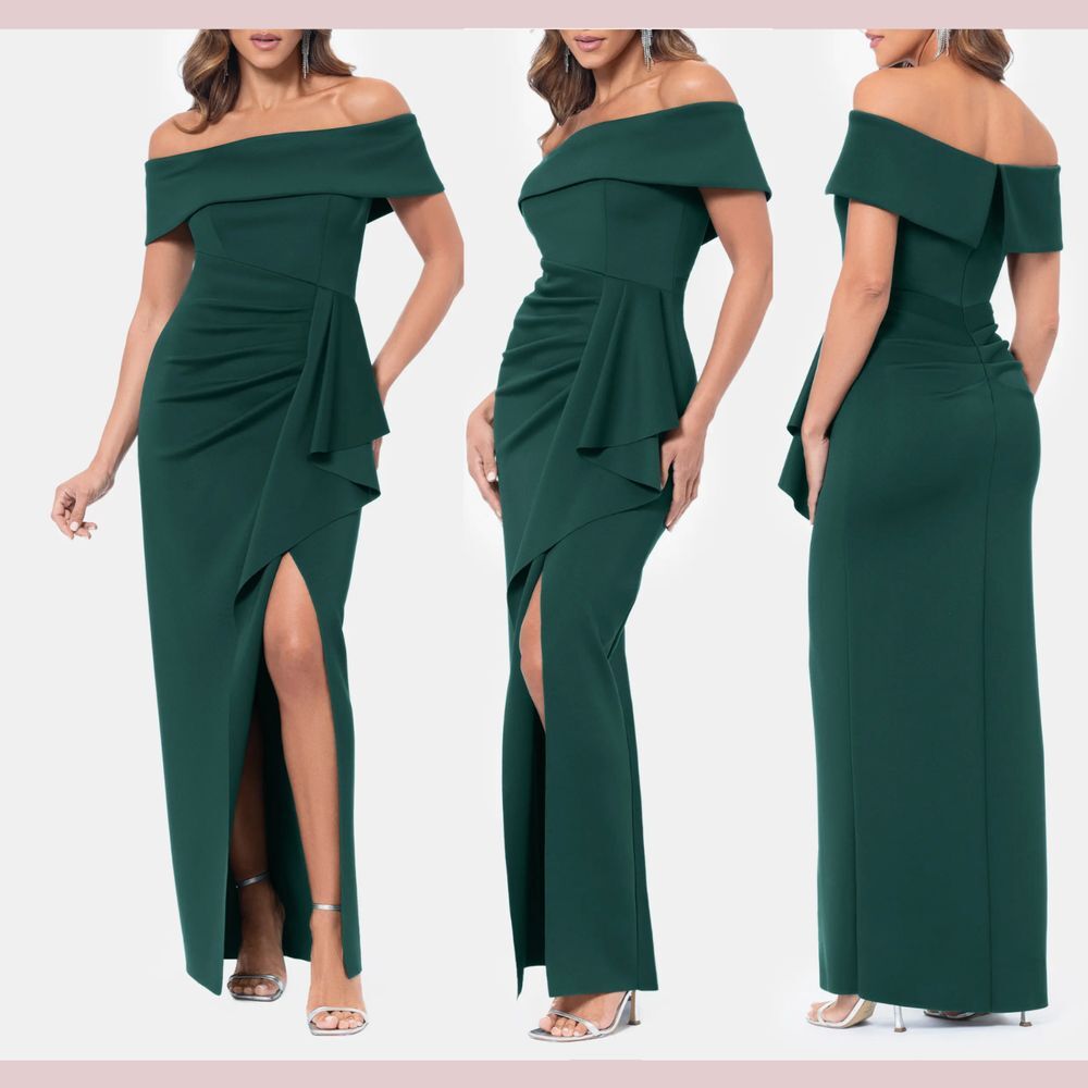 NWT $228 Xscape [ 14 ]‎ Side Ruffle Off Shoulder Scuba Gown Hunter Green